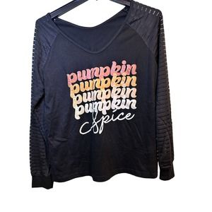 Women’s Pumpkin Spice Long Sleeve Shirt Black V Neck Size Large